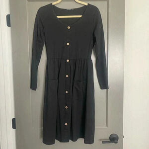 Ouges Womens Stretch Round Neck Long Sleeve Button Front‎ Dress Black Medium